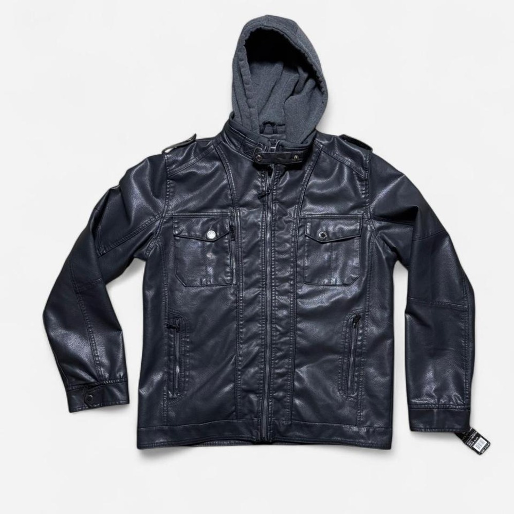 Nick Danger Black leather jacket double zipper detail and has a hoodie